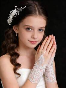 3pcs Set - Girls White Floral Handmade Beaded Hair Clip Accessory + Pearl Lace Short Bridal Gloves - Wedding Dress & Formal Hairstyle Soft Chain Rose Pearl Flower Wreath Set - Suitable For Photography Styling - Multicolor - View 2