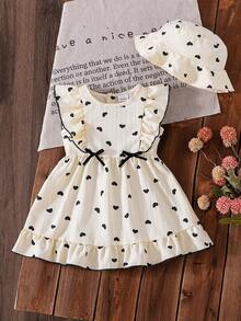 2件套女婴杏色爱心印花无袖荷叶边连衣裙配同款帽子套装，春夏款 - 杏色 - 查看 2