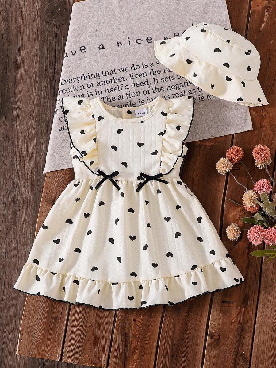 2件套女婴杏色爱心印花无袖荷叶边连衣裙配同款帽子套装，春夏款 - 杏色 - 查看 1