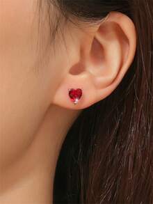 1 par de pendientes de botón minimalistas con zirconia en forma de corazón, joyería simple adecuada para uso diario de adolescentes, regalo para novia/Día de San Valentín - Multicolor - Ver 4