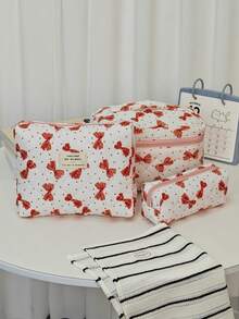 蝴蝶结装饰手提化妆包，女士必备旅行化妆包套装，轻巧大容量多功能收纳包，优雅精致可爱手拿包，多功能化妆工具收纳包，适合情人节、新年等各种场合，适合所有女性。 - 彩色 - 查看 1