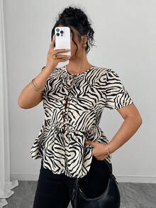 PARARAL 大码女装春夏时尚斑马纹印花前系带短袖休闲办公旅行度假女装夏季日常装 - 杏色 - 查看 5