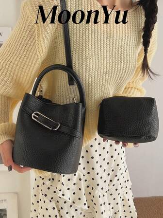 Women's Bucket Handbag, Elegant & Fashionable, Includes Small Pouch, Suitable For Shopping, Commuting, Business, Black