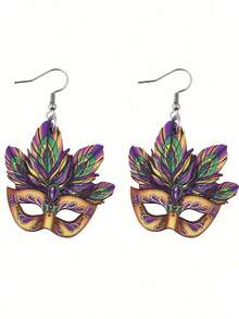 1 对复古时尚高端夸张亚克力镂空面具装饰吊坠耳环，适合女性狂欢节、派对、礼物 - 彩色 - 查看 9