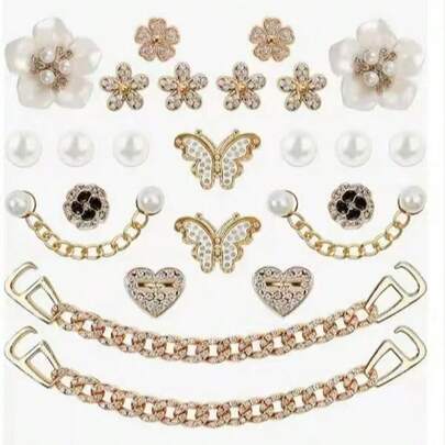 新款跨境镂空木屐配件DIY装饰，可拆卸金色蝴蝶和彩色皇冠鞋饰套装