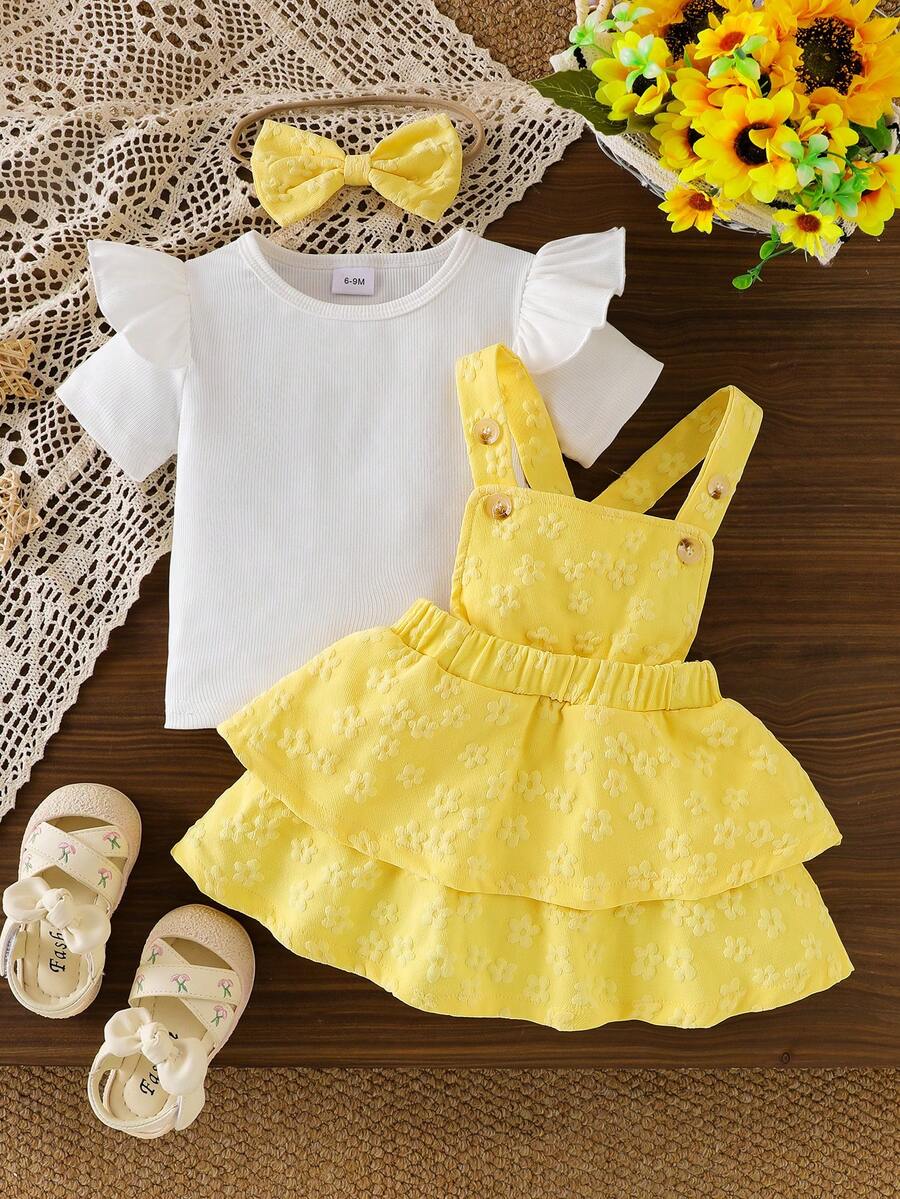 3pcs Baby Girl Sweet Princess Outfit Set: Solid ColorCap Sleevee T-Shirt, Jacquard Floral Pinafore Dress With Tiered Ruffle Skirt, And Headband - Yellow - View 1