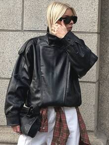 Women's Black PU Leather Jacket, Long Sleeve Zip-Up Bomber Jacket, Autumn/Winter Outerwear, Street Style - Dark Grey - View 7