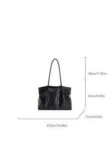 1个女士纯色PU单肩手提包，大容量复古PU手提包，带毛球挂饰，适合办公、通勤、购物、送礼。 - 黑色 - 查看 3