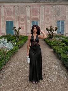 性感蕾丝拼布缎面露背系带派对连衣裙 - 黑色 - 查看 6