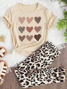 Bộ đồ thường ngày cho bé gái tuổi teen: áo thun ngắn tay in hình trái tim họa tiết da báo và quần legging. - Màu be - Xem 1