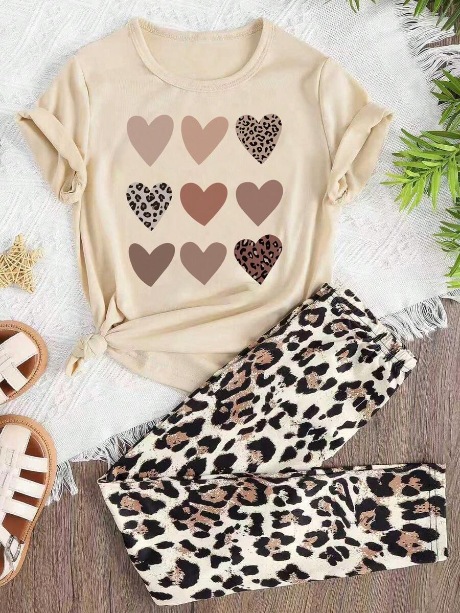 Bộ đồ thường ngày cho bé gái tuổi teen: áo thun ngắn tay in hình trái tim họa tiết da báo và quần legging. - Màu be - Xem 1