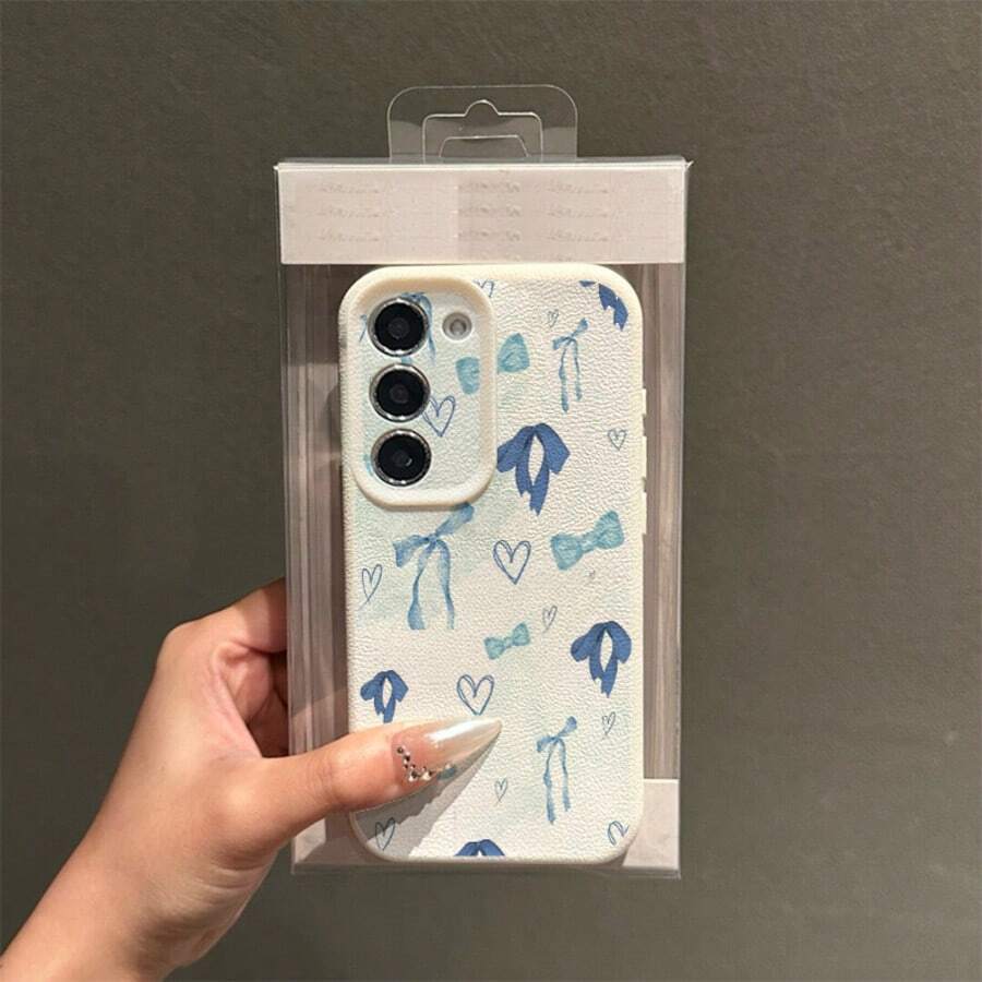 1pc TPU Material Soft Light Blue Bow Heart Pattern Fashionable Phone Case Compatible With Samsung A05s, A12, A13, A14, A14 4G, A15, A21s, A23, A25, A32, A32 5G, A34, A35, A50s, A51, A52, A53, A54, A55, A71, A72, A73, S10, S20 FE, S20 Ultra, S21 Ultra, S22, S22 Plus, S23, S24, Redmi 10C, 12C, Note 10, 11, 12, 13, Pro Plus, Note 8, 9 Pro, Full Protective Soft Phone Cover - White - View 1