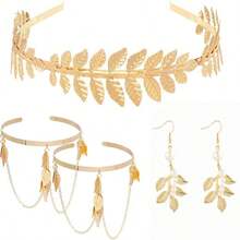 4pcs/Set Greek Goddess Style Clothing And Accessories Set, Including Leaf Shaped Crowns, Headbands, Bracelets, Earrings, Bridal Headpieces - Gold - View 15