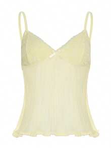 Women's Pleated Chiffon Camisole Tops Stylish Solid Color Bow Lace Trimmed Sleeveless Spaghetti Strap Vest - Yellow - View 4