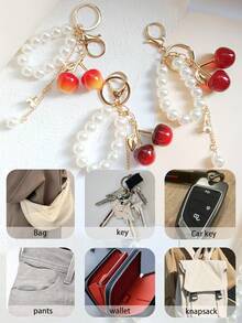 1pc Fashion Cherry Faux Pearl Chain Keychain Pendant, Charming Double Cherry Car Key Chain, Jewelry, Bag Charm, Wristlet Keychain, Car Keychain, Keychain Lanyard, Keychain, Keyring Accessory, Keychain Ring, DIY Accessory Birthday Gift, Wedding Gift, Holiday Gift, Party Favor, Event Souvenir, Friend Gift - Multicolor - View 10