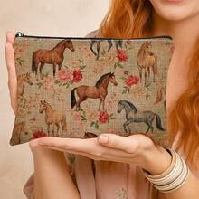 1pc Horse & Flower Print Makeup Bag, Modern Style Polyester Lightweight Travel Organizer - Multicolor - View 2