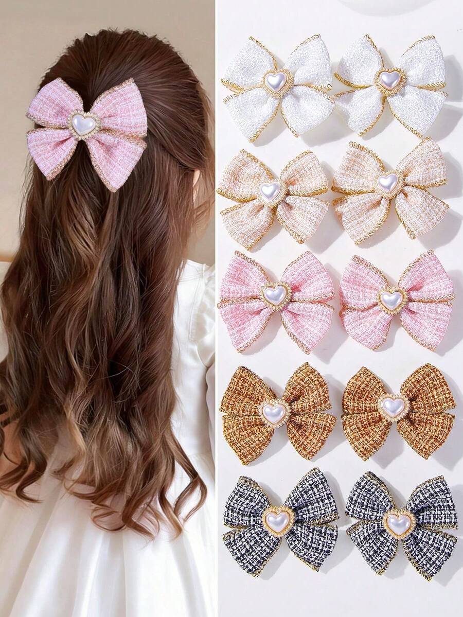 4pcs/2pcs New Heart Pearl Edged Plaid Fabric Bow Hair Accessories, Bow Duckbill Hair Clips, Fabric Bow Ponytail Clips, Fashionable Hair Decorations - Multicolor - View 1