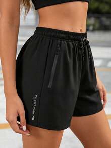 Women's Running Shorts, Summer Active Bottoms With Zipper Pockets For Gym & Workout, Athletic Shorts Sports - Black - View 1