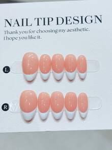 10pcs/Set  Handmade Press On Nails,Short Almond-Shaped Nail-Shaped Fake Nails, Classic And Simple Style, Diy Hand-Painted White French Fingertips With Nude Nail Background, High-End Manicure Fake Nail Pieces, Suitable For Daily Wear Of Women And Girls, With Nail Set Press On Nails Nail Supplies Nails - 白色 - 查看 2