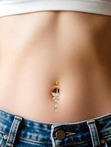 1pc Butterfly Rhinestone Classic Navel Piercing Jewelry, Elegant Zirconia Heart Butterfly Belly Button Ring