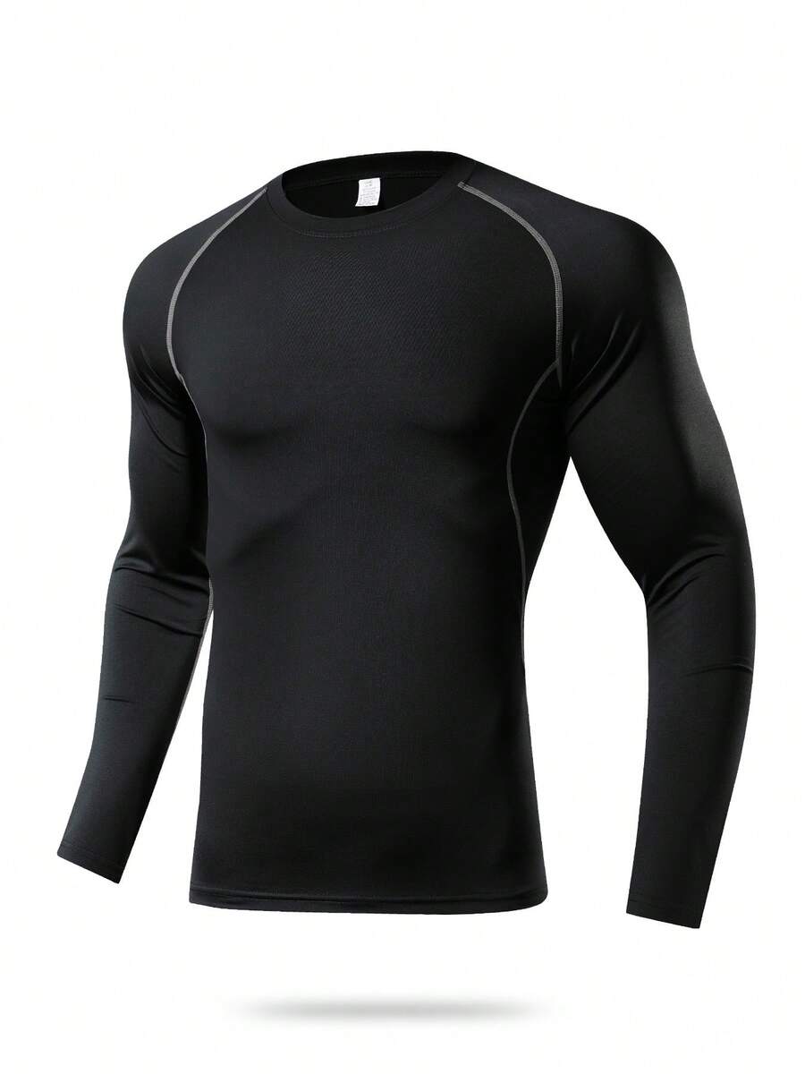1pc Men's Compression Long Sleeve Breathable Quick-Dry Fitness Top, Tight Core Workout Base Layer, Moisture-Wicking Black Spring Sports
