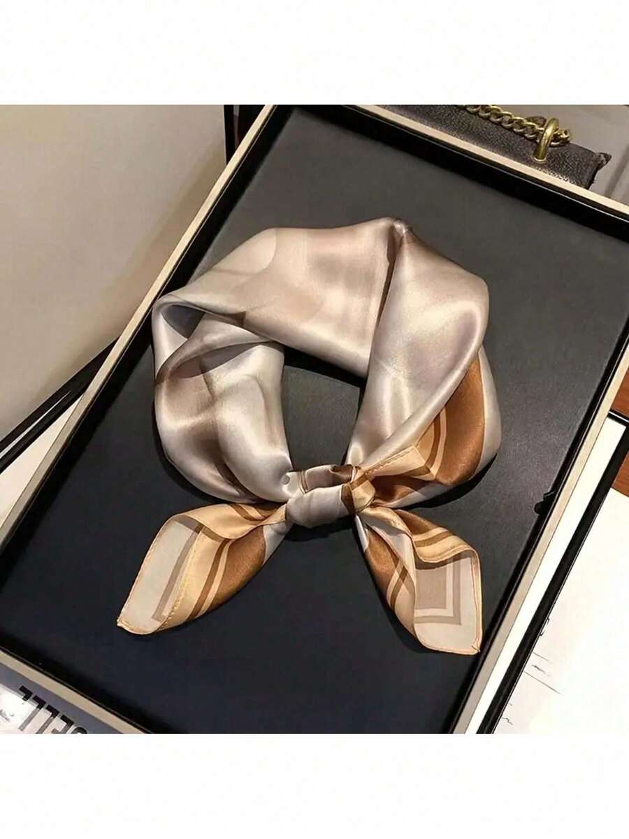 Luxurious% Mulberry Silk Women's Scarf - Elegant Light Coffee Brown Striped Square Scarf, Versatile Fashion Accessory For Spring And Autumn, Premium Packaging Gift Box With Exquisite Design, Silk Headscarf, Fashionable Neck Warmer, Delicate Print, High-Quality Fabric - 沙畫淺棕色 - 查看 1