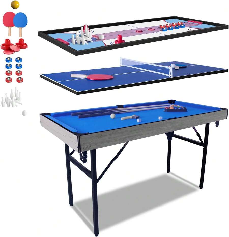 5-In-1 Multi-Functional Gaming Table, 54-Inch Foldable Portable Sports Arcade Game Set With Accessories, Mini Ping Pong Table, Foldable Gaming Table, Air Hockey Table, Pool Table Combination, Suitable For Indoor And Outdoor Use - 藍色 - 查看 1