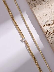 2pcs/Set Copper Blade Chain Layered Square Cubic Zirconia Bracelet Set For Men - Yellow Gold - View 3