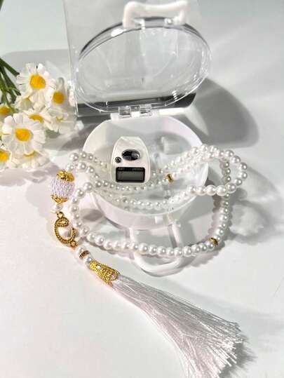 2 piezas Juego de joyería en caja transparente (Contador de anillos electrónico LED + 99 piezas de cuentas de oración musulmanas de perlas falsas), fácil de operar y portátil, adecuado para deportes, oración, conteo de golf, se puede regalar como obsequio festivo