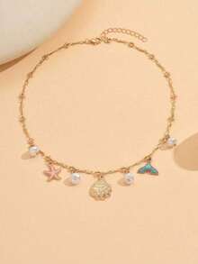 1pc Summer Ocean Style Starfish & Fish Tail Faux Pearl Pendant Necklace, Colorful Enamel Alloy Clavicle Chain, Fashionable For Daily Wear, Beach Vacation, Dating, Party, Travel - 海星+魚尾 - 查看 4
