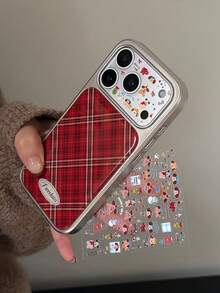 1pc Y2K Retro Blue Plaid Striped Pattern + Cartoon Animal Sticker DIY Phone Case, Compatible With IPhone 17 Pro Max 17 Pro 16 15 14 13 12 11 Pro Max Plus, Catfish Electroplated Frame, Soft TPU Back Cover - Red - View 3