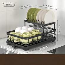 2-Tier Black Expandable Dish Drying Rack, Suitable For Kitchen Countertop, Large Dish Drainer With Pot Rack, Cup Rack, And Dish Rack For Iron Kitchen Counters And Sink Dish Racks - Large-Capacity Storage Rack With Draining Board, Dish Rack, And Cup Hooks - Fordable Design, Efficiently Saves Space For Storing Plates, Bowls, Pots, And Utensils, Efficiently Stores Plates - Fordable Rack - Durable Kitchenware, Kitchen Countertop Dish Drying Rack - Black - View 8