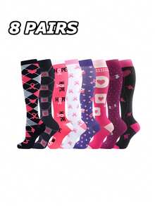 4/8 Pares de Meias de Compressão com Laço Rosa para Mulheres e Homens, Melhor Suporte para Esportes, Corrida, Ciclismo, Viagens de Avião, Presente para Namorada, Mãe, Avó, Professor, Dia dos Namorados - Multicolorido - Visão 17