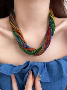 1pc Bohemian Multi-Layer Beaded Necklace, Fashionable Collarbone Chain, Retro Luxurious Elegant Necklace Accessory - Multicolor - View 3