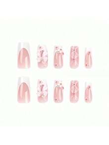 Press On Nails Medium Long Pink Nails Square Bling Glossy 3D False Nail Tips Artificial Nails Finger Manicure Women And Girls-24pcs - 彩色 - 查看 5