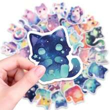 50张彩虹星空猫咪贴纸，可爱水彩卡通小猫贴纸，适用于DIY手工、笔记本、笔记本电脑、手机装饰 - 彩色 - 查看 5