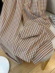 Straight Leg Pants, Plaid Print Elastic Waist Pocket Casual Pants For Office, Business, Vacation, Daily Wear, School, Travel, New Style Spring - Brown - View 5