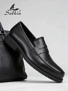 Salkin Fashionable Minimalist Men's Slip-On Penny Loafers, Gentleman Leather Brogues, Pointed Toe Business Formal Dress Shoes, Black Solid Color, Non-Slip Durable Sole, Suitable For Daily, Party, Wedding, Social Occasions, Spring/Summer/Autumn. Size Runs Large, Please Order One Size Down. - Black - View 8