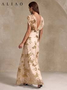 Aliao 花卉亮片刺绣 V 领网纱拼接连衣裙，优雅日常穿着，适合派对、新年、复古风、情人节、婚礼宾客、春季装扮，是优雅派对的理想之选。 - 金色 - 查看 5