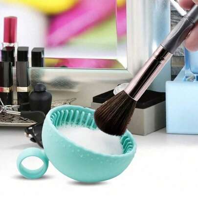 1pc Portable Silicone Makeup Brush Cleaning Bowl With Cleaning Mat - Foldable Travel Set, Odorless, Suitable For All Makeup Brushes (Face, Eye, Blush), Quick Drying, Essential For Holiday Travel, Women/Girls Hygiene Cleaning Tool
