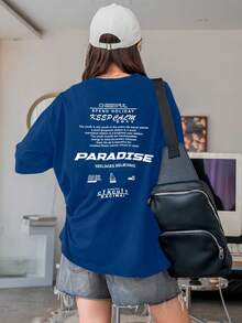 Women's Oversized Printed T-Shirt - Cheerful Paradise Phrase - Loose, Casual, Stylish, Modern, And Cool Blouse - 寶藍色 - 查看 4