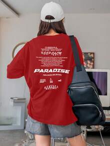Women's Oversized Printed T-Shirt - Cheerful Paradise Phrase - Loose, Casual, Stylish, Modern, And Cool Blouse - 紅色 - 查看 4