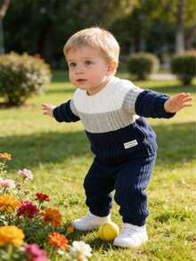 Back To School Baby Boys Clothes 2pcs Set, Casual Colorblock Round Neck Top Paired With Black Pants, Autumn - Light Grey - View 5