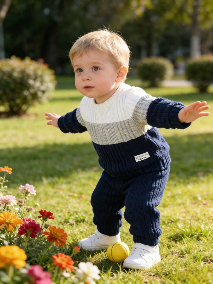 秋季开学婴儿男童两件套休闲拼色圆领上衣搭配黑色裤子 - 淺灰色 - 查看 1