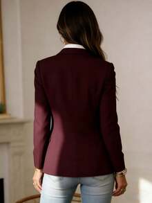 Blazer Jaqueta Tecida com Decoração de Botões para Mulheres, Ajuste Regular, Manga Longa, Adequado para Uso no Escritório ou Uso Diário na Primavera - Marsala - Visão 3