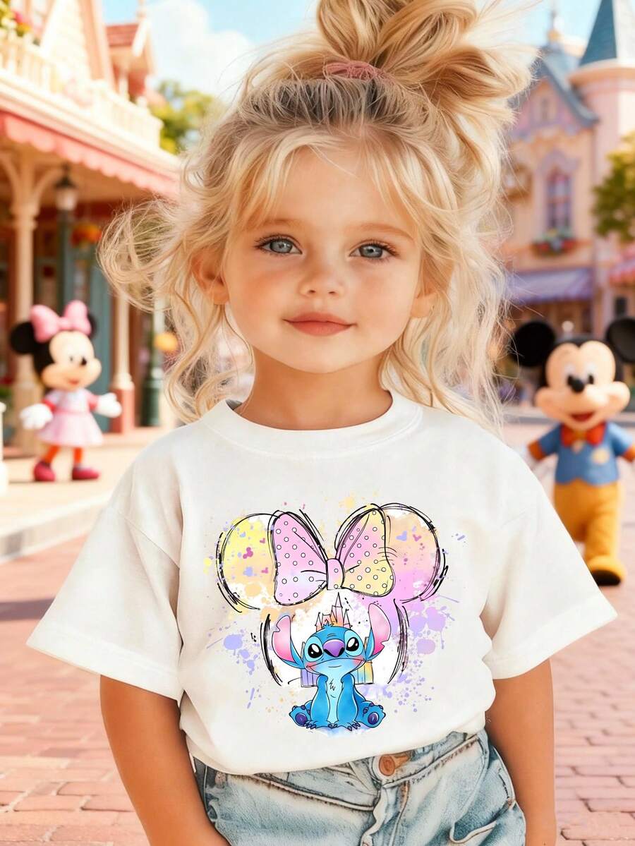 Disney Girls' T-Shirt, Featuring A Creative Stitch Bow-Tie Motif Cartoon Print. Summer Cotton Crew-Neck Short-Sleeve Tee For Girls, Perfect For Everyday Wear, Vacations, Outdoor Activities, And As A Gift For Children. - 白色 - 查看 1