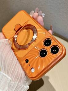 Luxury Glitter Lens Protection Aurora Laser Phone Case With Magnetic Bracket Holder Compatible With IPhone 17 Pro Max 17 Pro 17 16 Pro Max 16 Pro 16 15 Pro Max 15 Pro 15 14 Pro Max 14 Pro 14 13 Pro Max 13 Pro 13 12 Pro Max 12 Pro 12 11 Anti-Drop Frame Shockproof Back Cover - Orange - View 4