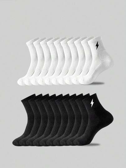 5 Pairs Boys & Teens Lightning Bolt Mid-Calf Socks, Black/White Basketball Sports Mid-Calf Socks, Soft Breathable Socks, Student Socks, Casual Long Socks, Suitable For All Seasons, Daily Wear And Outdoor Sports, Back To School