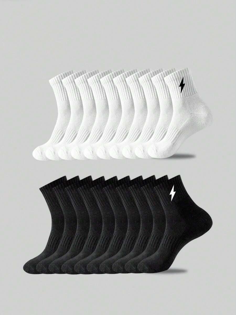 5 Pairs Boys & Teens Lightning Bolt Mid-Calf Socks, Black/White Basketball Sports Mid-Calf Socks, Soft Breathable Socks, Student Socks, Casual Long Socks, Suitable For All Seasons, Daily Wear And Outdoor Sports, Back To School - Multicolor - View 1