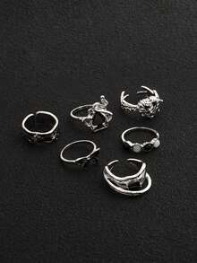 Bộ 6 chiếc nhẫn hình trái tim quỷ độc đáo, thiết kế tối màu, kiểu dáng quân bài, có thể xếp chồng lên nhau, dành cho nữ. - Bạc - Xem 4